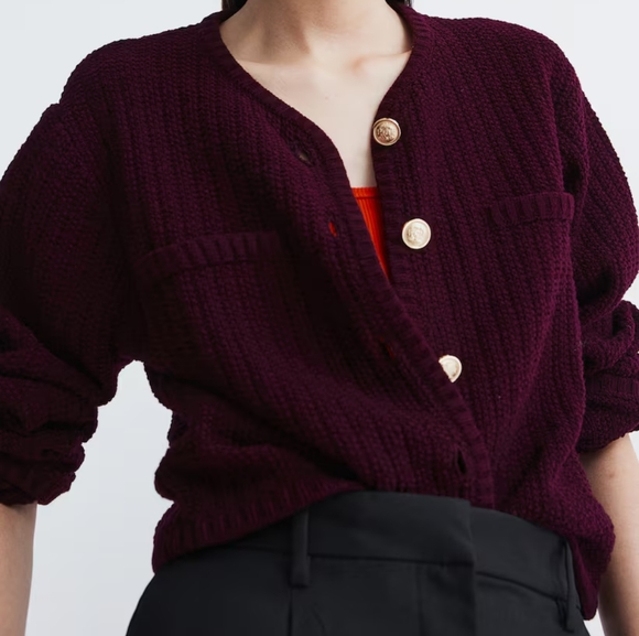 NWT H&M Cotton Blend Short Slim-fit Textured-knit Cardigan Burgundy Red XS M XL - Picture 2 of 6